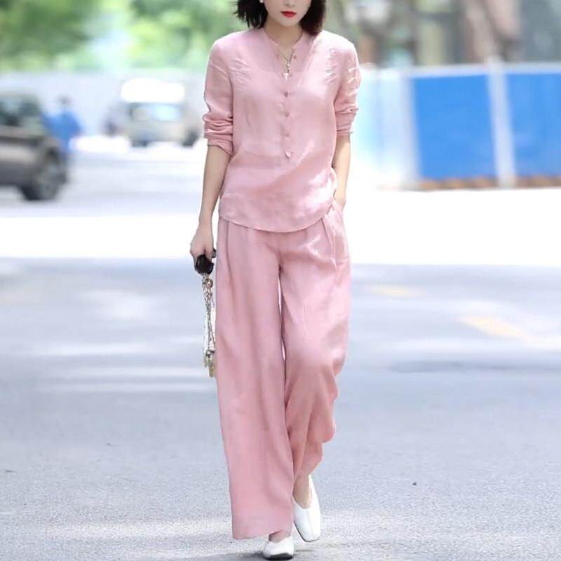 欧洲站棉麻2025年春秋款套装女两件套时尚气质休闲 运动亚麻宽裤