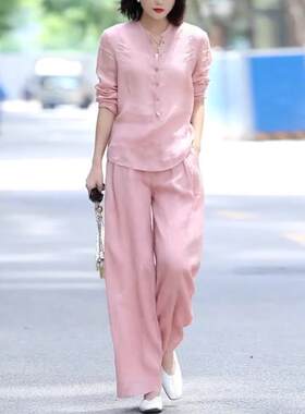 欧洲站棉麻2025年春秋款套装女两件套时尚气质休闲 运动亚麻宽裤