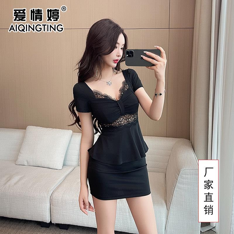 夜总会上班衣服性感深V领低胸连衣裙假两件遮肚显瘦沐足技师工衣