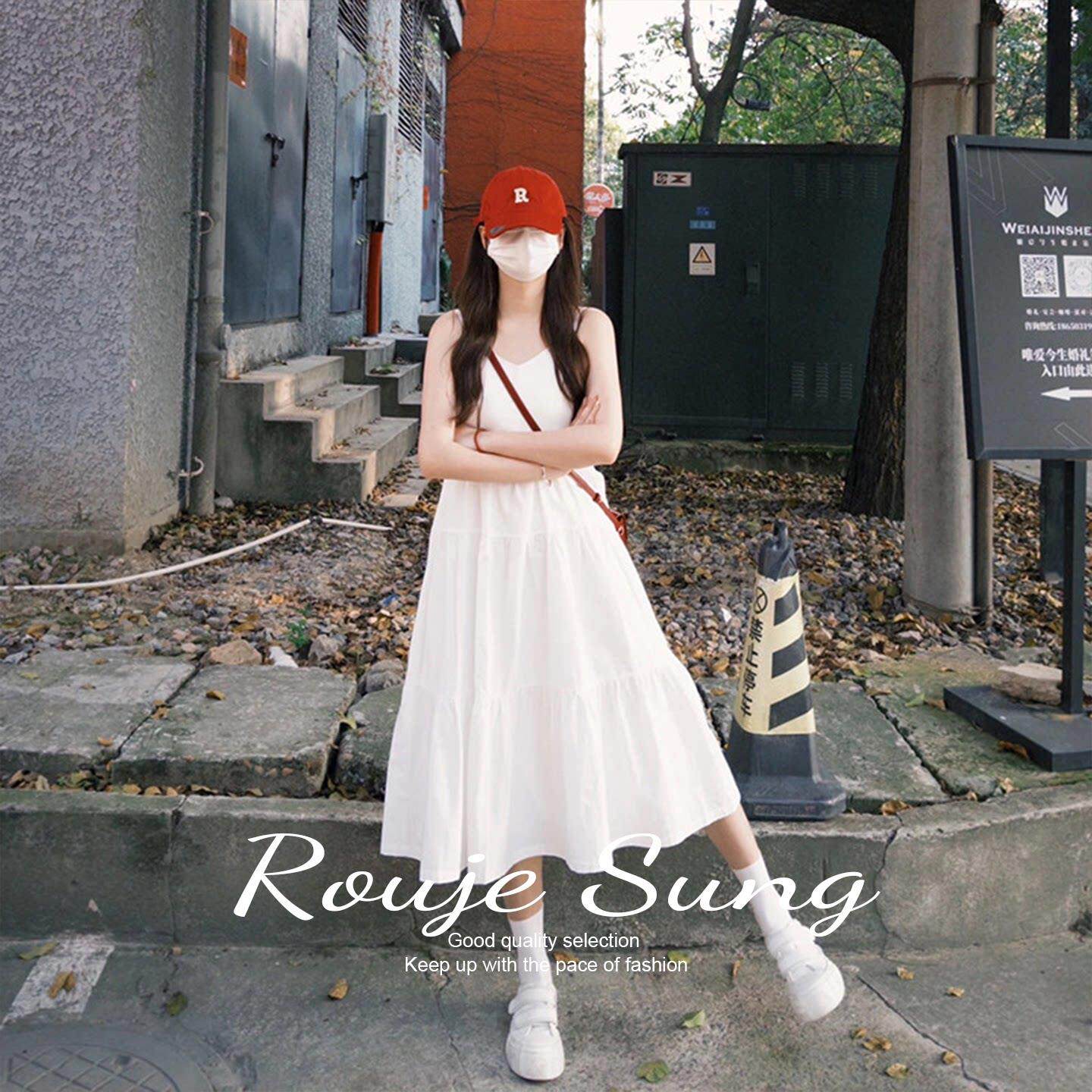 ROUJE SUNG白色吊带连衣裙女春夏法式V领温柔气质显瘦蛋糕长裙子