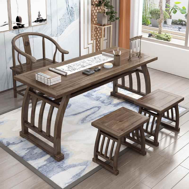 需定制实木儿童毛笔书法桌书画桌中式仿古榆木简约国学桌马鞍桌茶