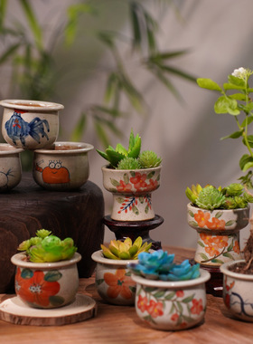 纯手工拉坯陶泥多肉小花盆文竹米竹陶艺盆手绘青花陶瓷花卉