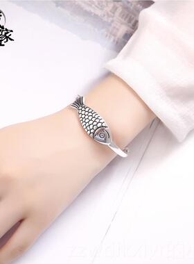 新款戴家手古工纯银手镯999纯银银大鱼手镯女足中式复镯子匠七夕