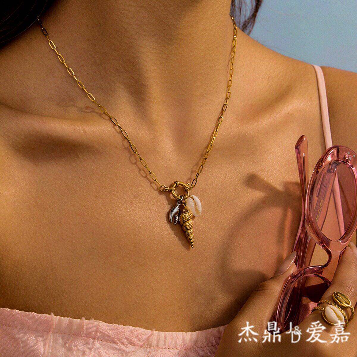 杰鼎欧美跨境钛钢不掉色项链女18K金级感小众配饰不锈钢饰品