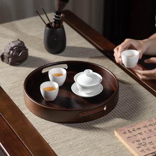 竹制茶托盘简约复古干泡盘家用茶几茶奉收纳盘圆形茶盘茶壶茶杯架