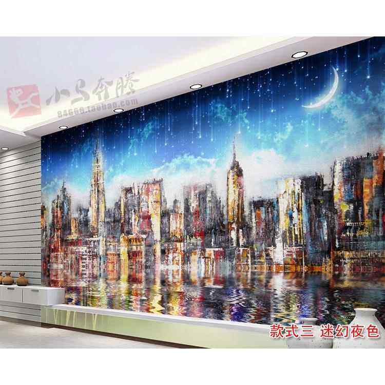 欧式抽象手绘城市风景油画壁纸艺术美式客厅电视背景墙贴复古壁画