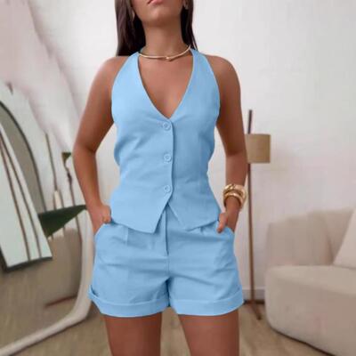 Twopiece Set Womens Solid Color V Neck Button Front Vest