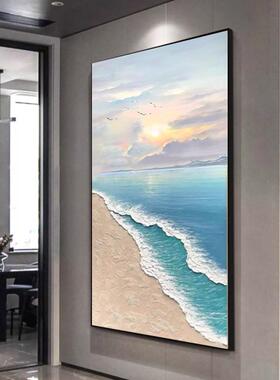 旭日东升油画玄关过绘道走廊日出手海景肌理画奶风客厅装油饰画定