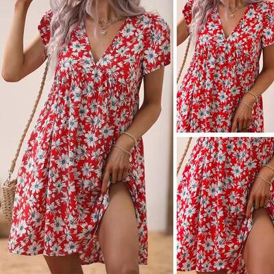 Dress high waisted short sleeved red floral dress