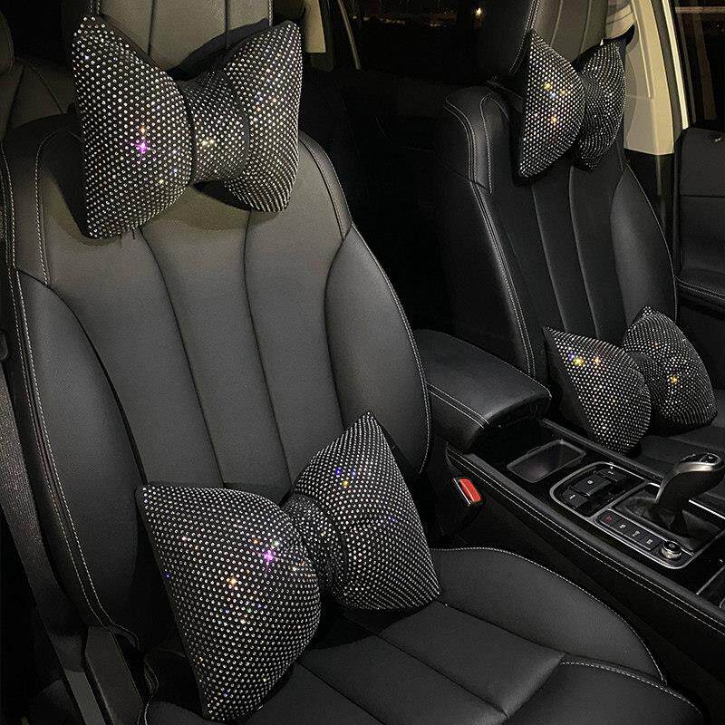 满钻汽车枕头车载腰靠一对装时尚女神网红款蝴蝶结车用护颈枕抱枕