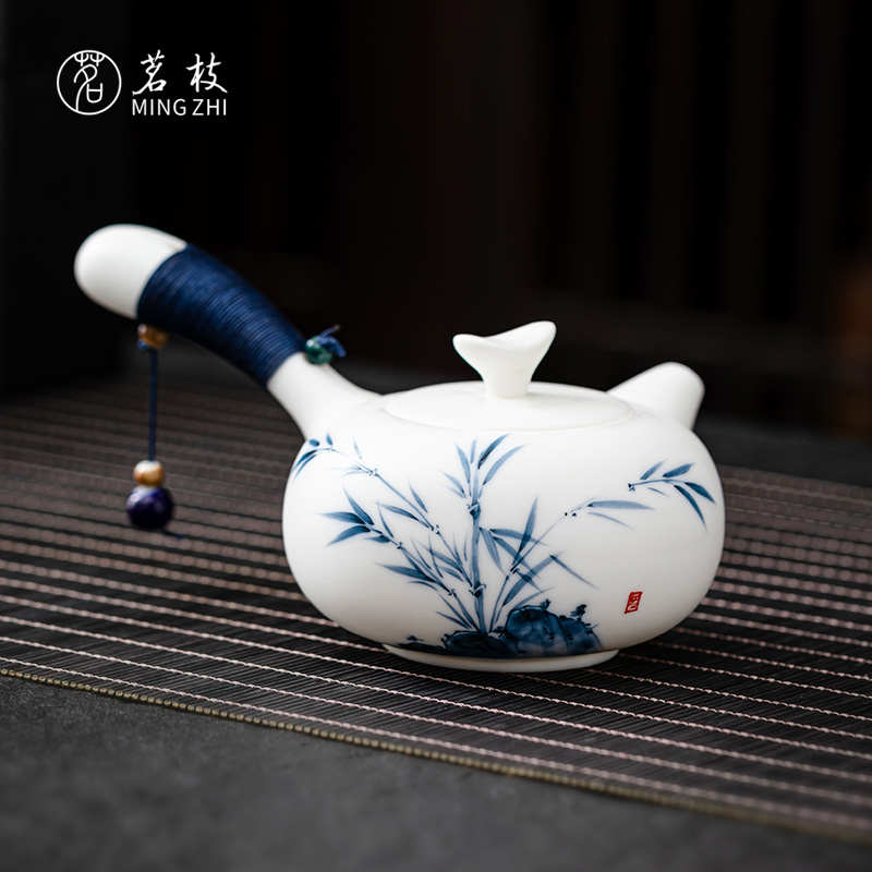 茗枝白瓷青花侧把壶泡茶壶单壶家用羊脂玉手柄壶防烫功夫茶具礼品