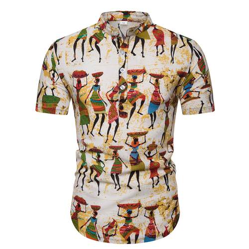 Men's standing collar short sleeved shirt printed