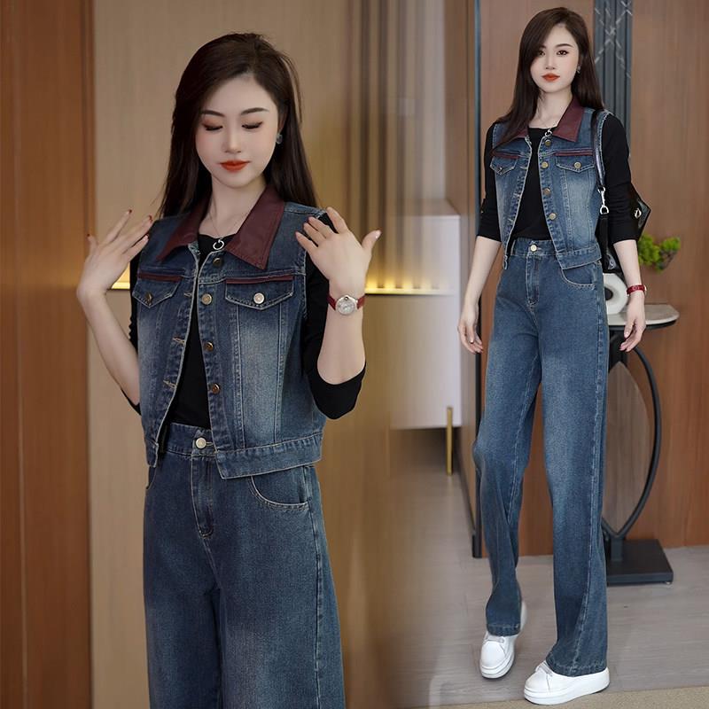 新品牛仔套装裙女秋季新款时尚洋气减龄显瘦马甲打底衫半身裙三件