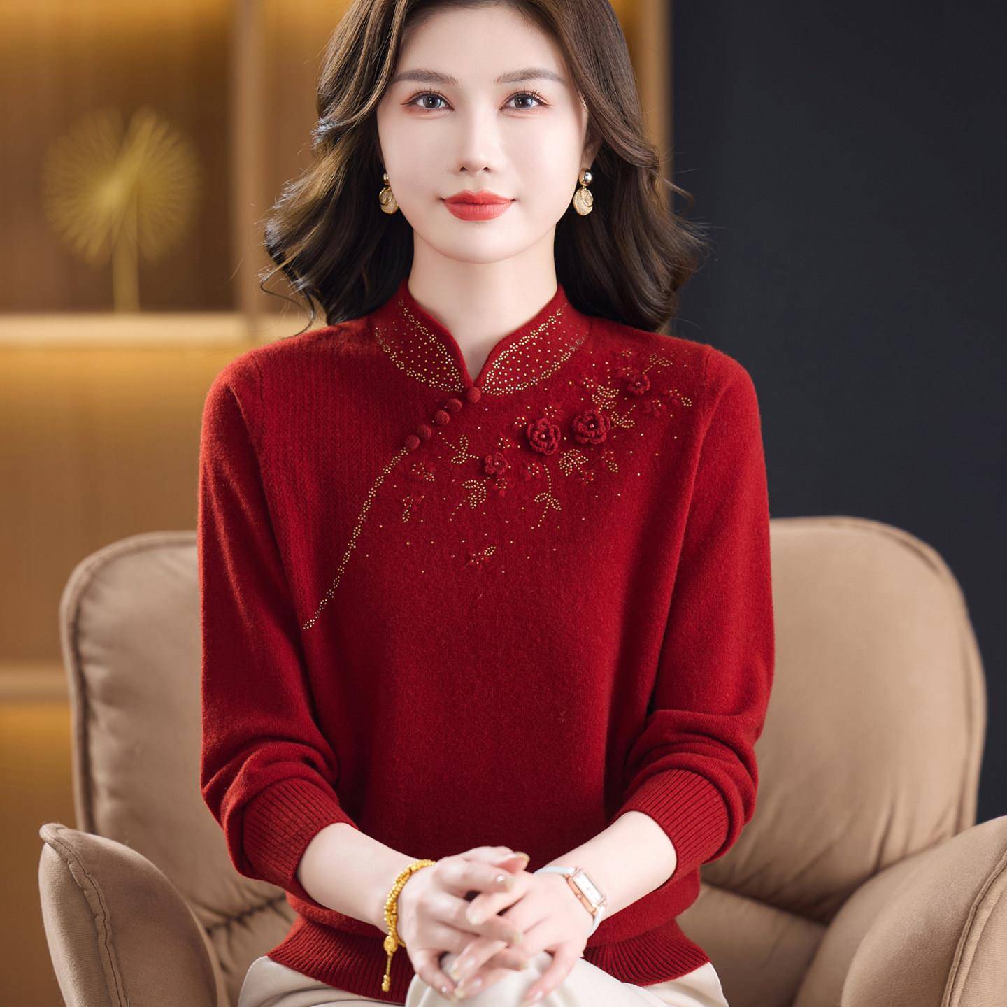 妈妈款%羊毛衫中年女本命年毛衣中老年人秋冬装上衣服打底衫