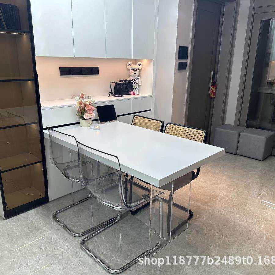 亚克力悬浮下挂岩板餐桌现代简约北欧奶油风白色长方形家用饭桌