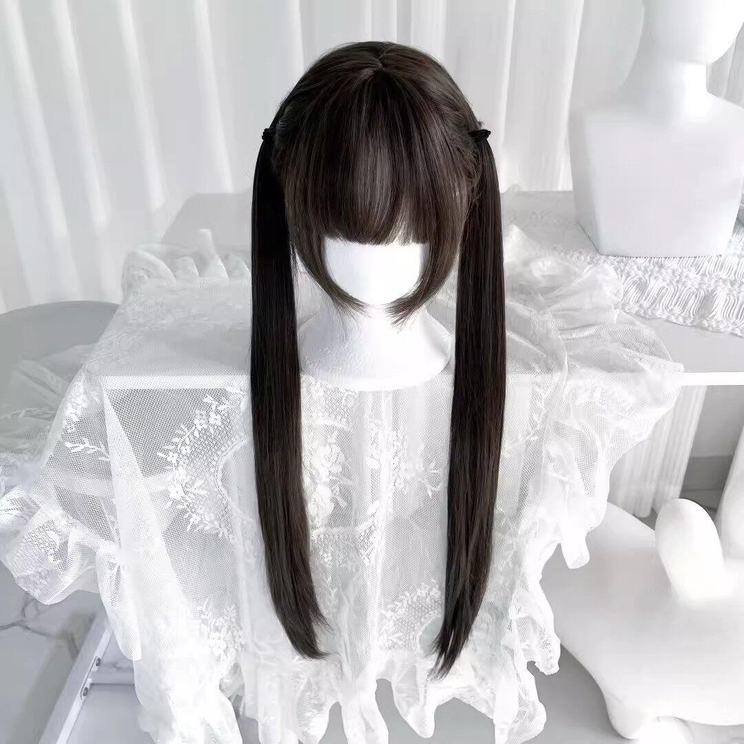 假发女长直发甜美lolita少萝双马尾jk减龄修颜鬓角黑长直全头套式