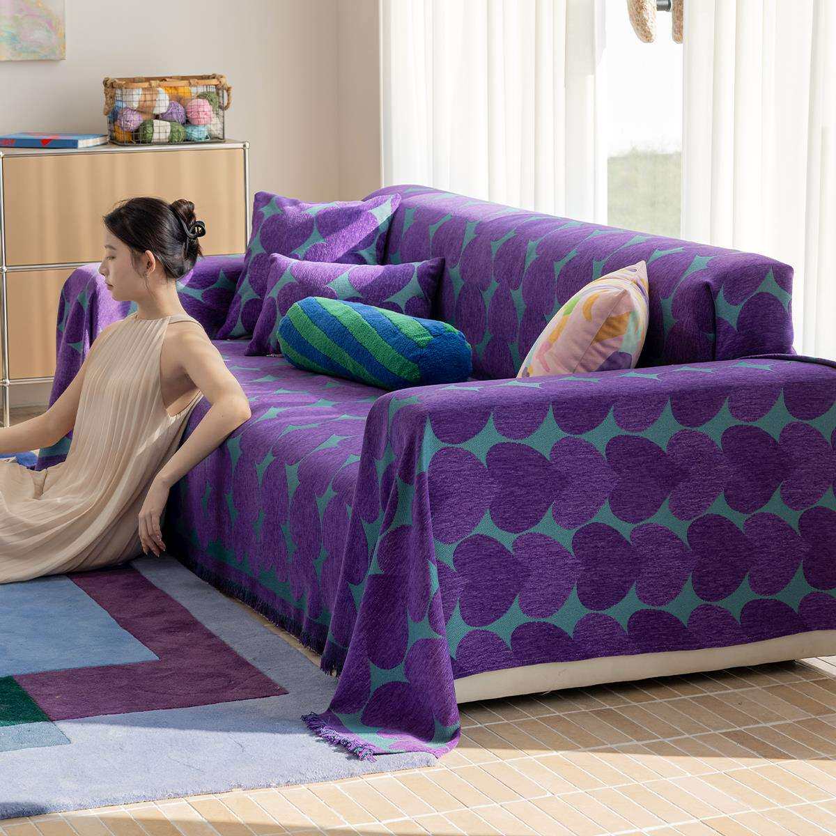紫色爱心氛围感沙发盖布巾全盖四季通用防滑沙发套罩坐垫毯子