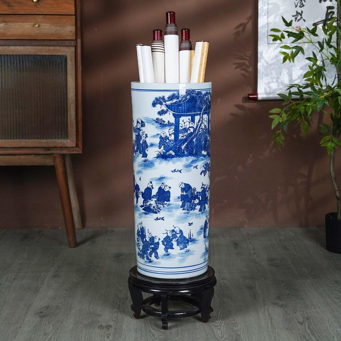 景德镇陶瓷高端青花瓷书画卷轴缸落地花瓶书房字画收纳桶中式摆件
