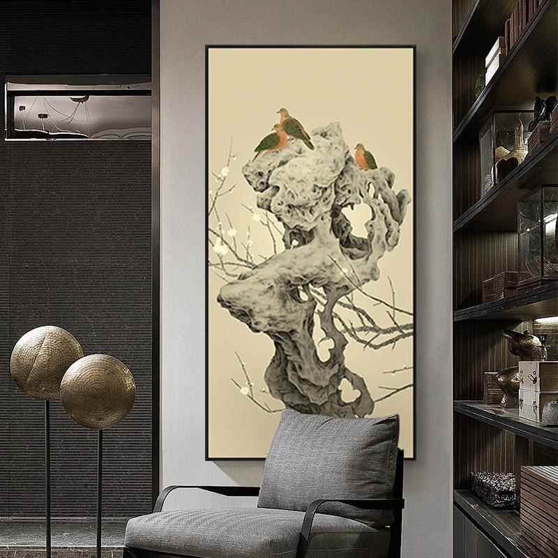 石墨琵新中式头进门入户玄关装饰画61692版石挂画琶乐器竖花鸟装