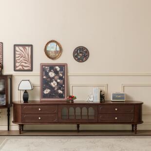 全胡桃色覆古纯实木电视柜美法式客厅茶几电视机柜组合落地储物柜