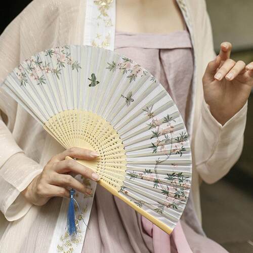 33.33CM Chinese Vintage Style Folding Fan Wooden Handle Clas