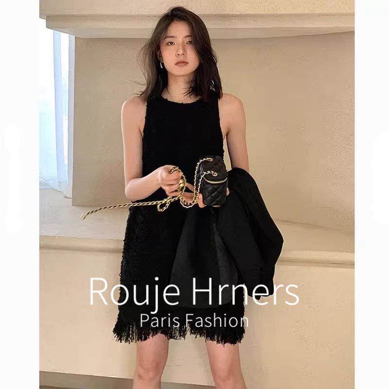 法国rouje hrners法式赫本小香风设计流苏气质无袖黑色连衣裙子