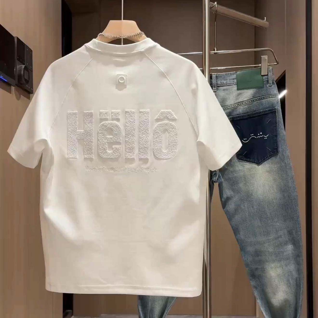 MAROLIO~柔软舒适！夏季宽松圆领短袖男士潮牌立体字母刺绣半截袖