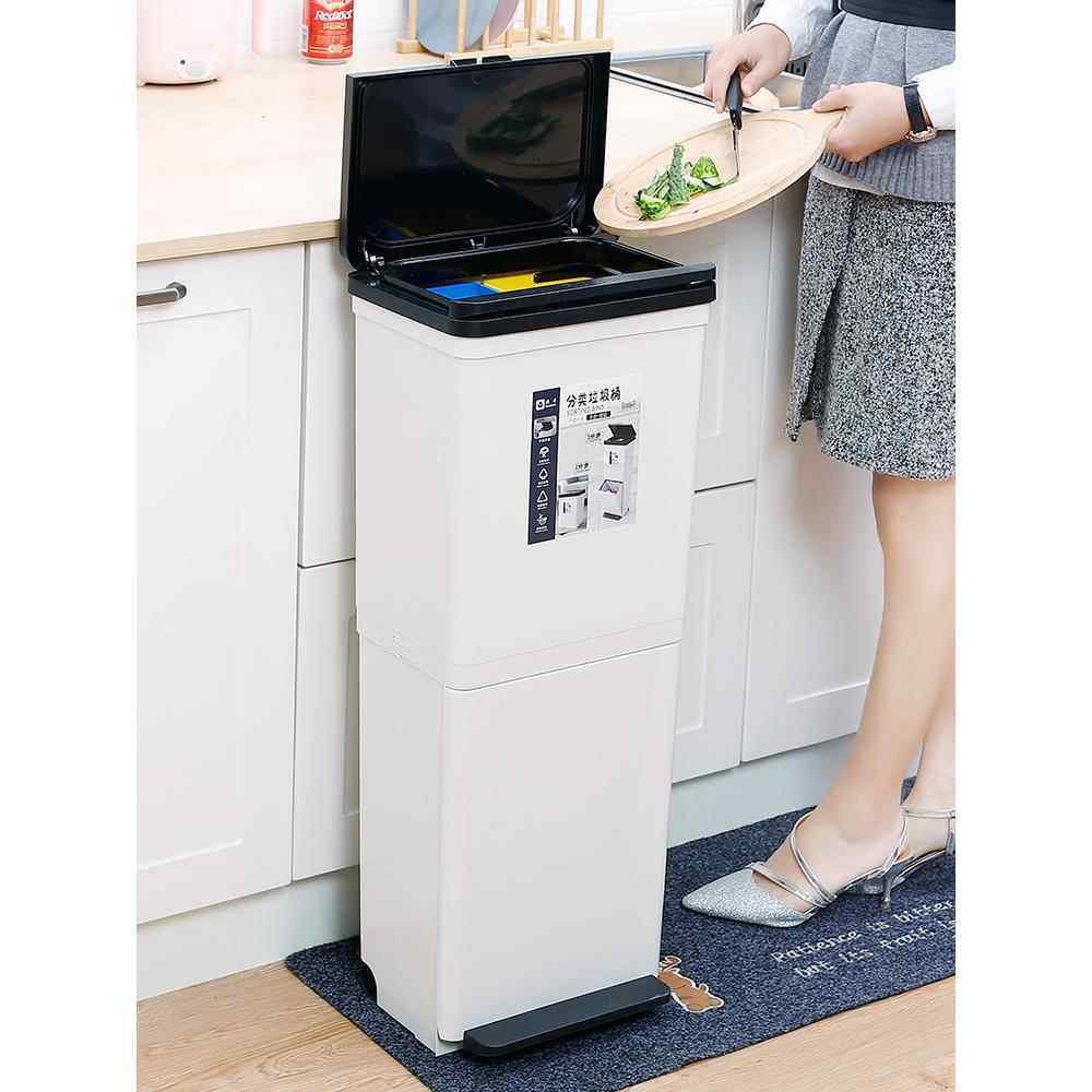 2F欧本日式脚踩按压式双层厨房垃圾分类垃圾桶家用干湿分离厨余带