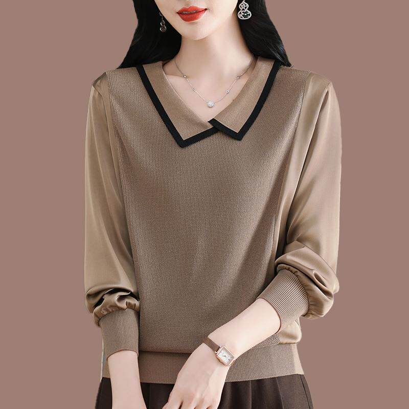 2025新款春季翻领针织小衫女冰丝洋派爆款上衣长袖T恤薄款打底衫