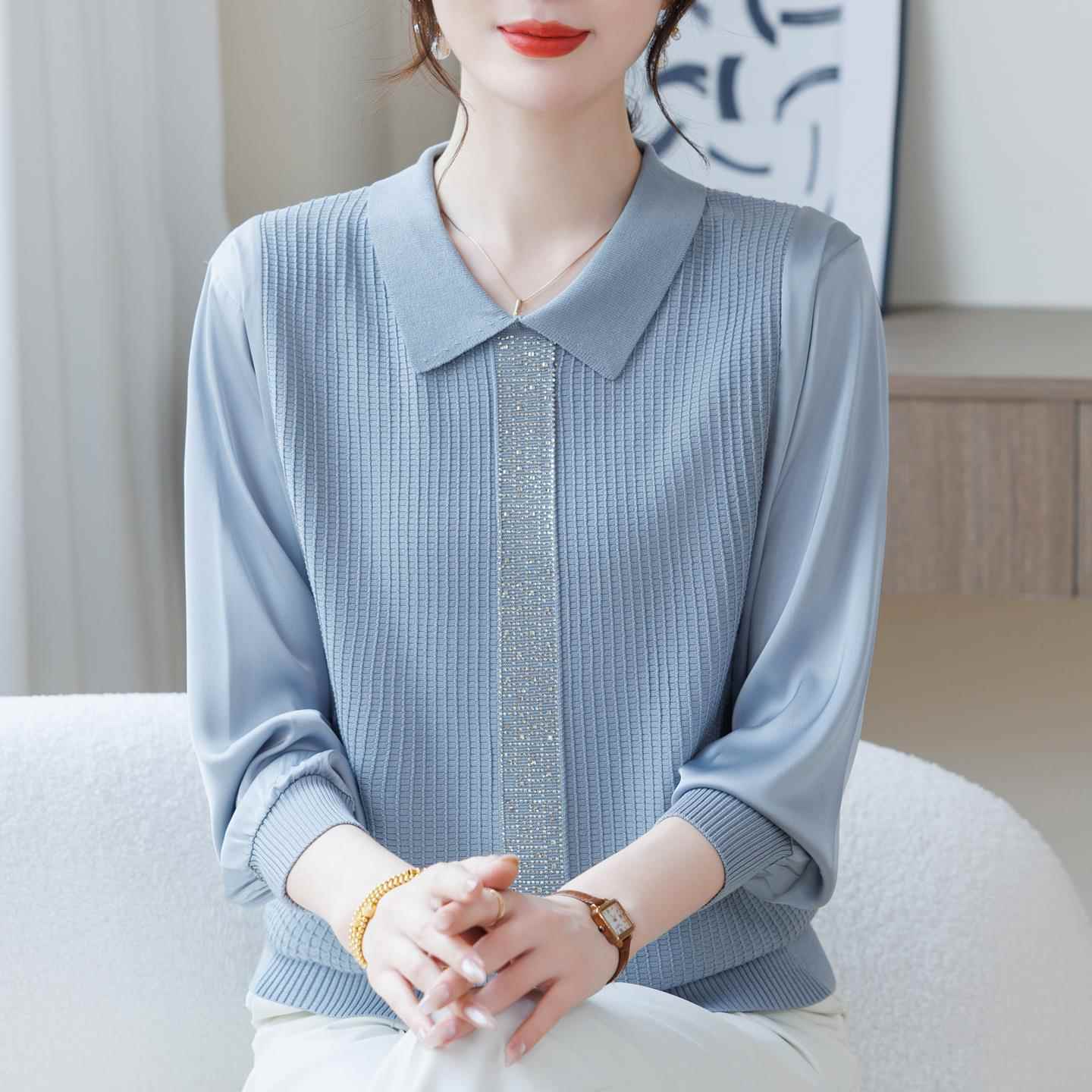 洋气中年妈妈初秋薄款针织T恤加肥加大码女装宽松翻领桑蚕丝上衣