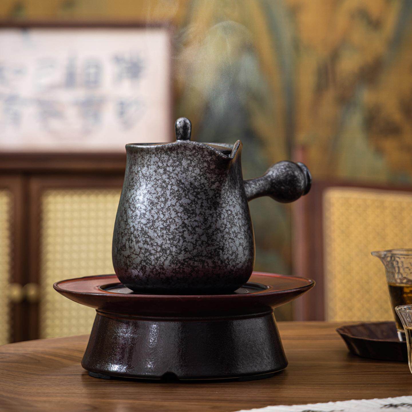 铁天目釉明火干烧锈带盖罐罐茶壶电罐罐壶茶陶炉壶烤奶壶侧把围陶