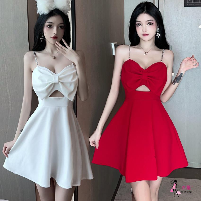 夜总会低胸蝴蝶结气质女装桑拿足浴按摩技师工作服吊带显瘦连衣裙