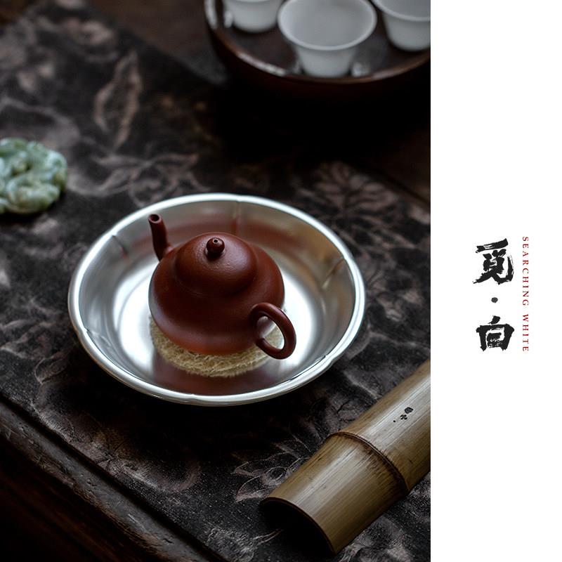 觅白鎏银壶承手工陶瓷干泡盘壶托 托养壶垫轻奢银彩茶具锤纹侘寂