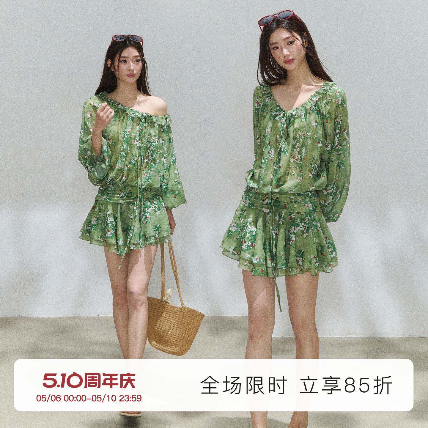 浪漫逃亡 莫奈6.0 绿色小碎花连衣裙南法假日荷叶边收腰露肩短裙