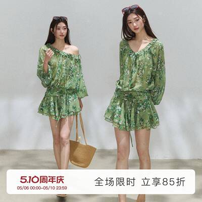 浪漫逃亡 莫奈6.0 绿色小碎花连衣裙南法假日荷叶边收腰露肩短裙