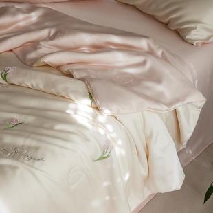 郁金香天丝长绒棉四件套轻奢田园花卉刺绣被套1.5m1.8米床上用品