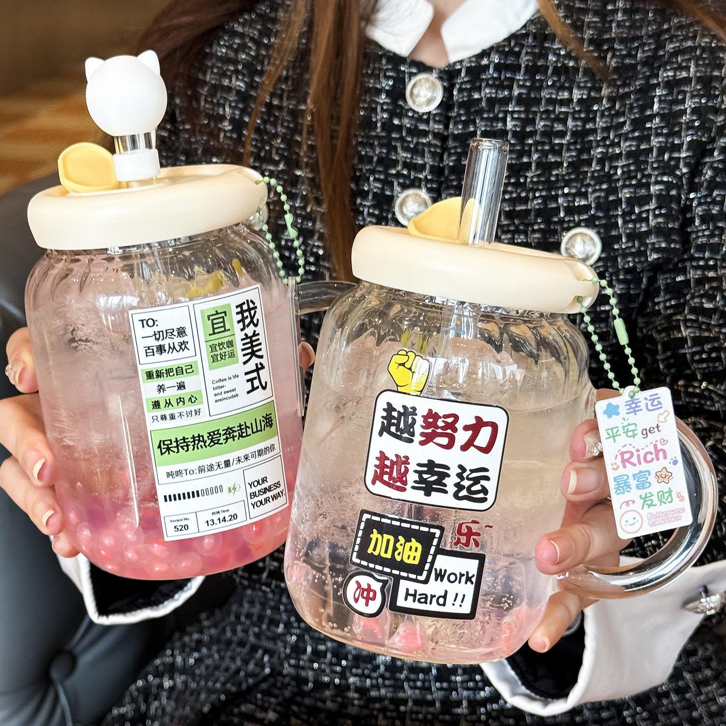 新款高颜值玻璃杯粗吸管杯耐高温女好看带把水杯办公室家用男杯子图片