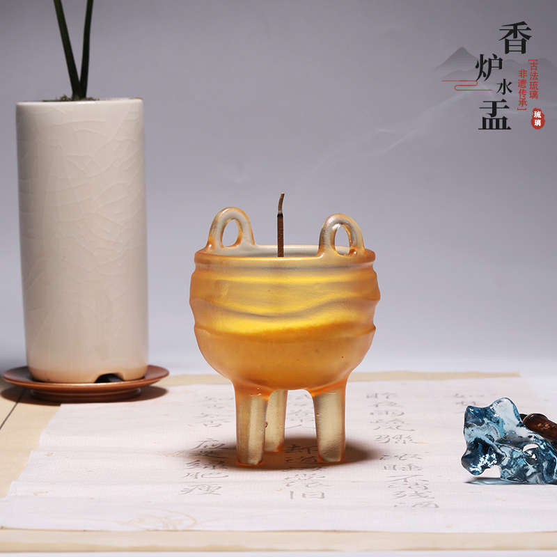 古法琉璃双耳小香炉茶道线香香插装饰摆件三足香炉四足香炉精致