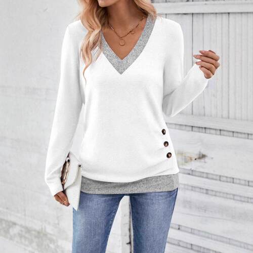 Women's V Neck White Long Sleeve Top Elegant Loose-fit