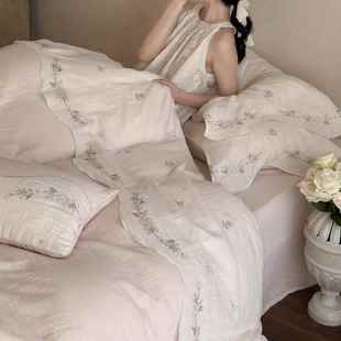 纯棉皱皱纱少女刺绣纱布被套 浪漫全棉双层纱四件套 樱下听泉 法式