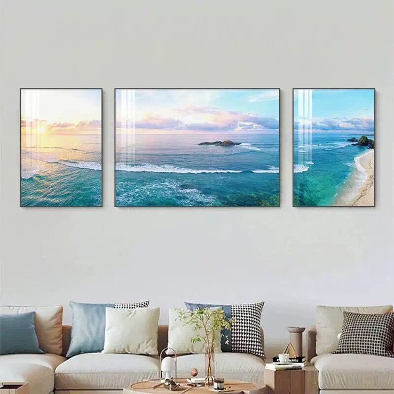 客厅装饰画北欧海岸沙发背景挂画现代简约海景三联画大气画