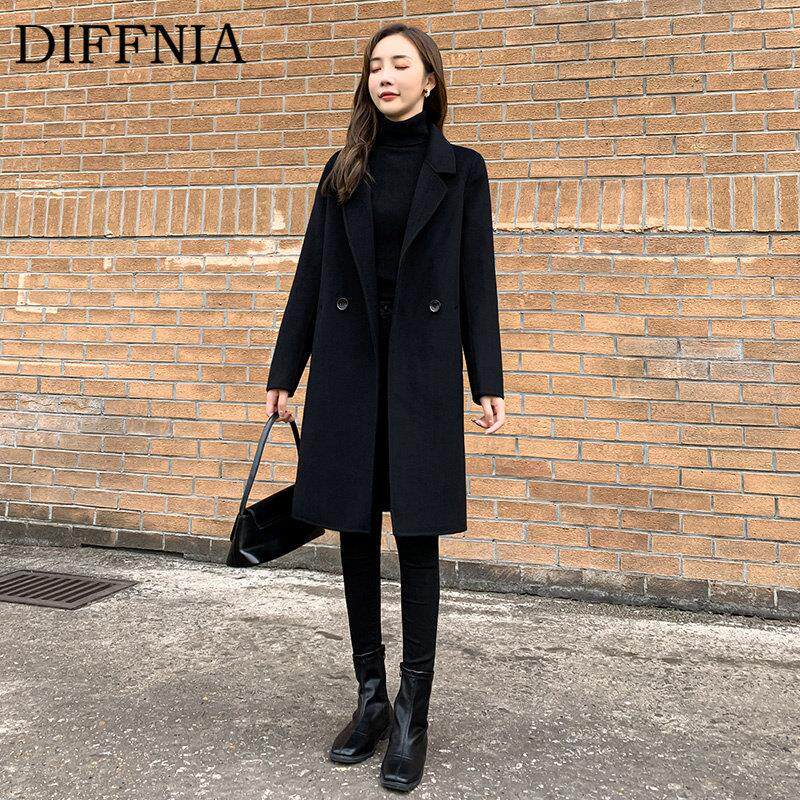 DIFFNIA 黑色双面羊绒大衣小个子高端中长款新款秋冬季羊毛外套女