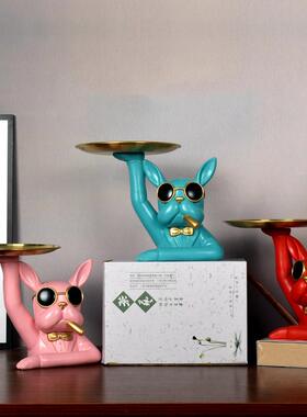 北欧轻奢法斗牛犬收纳托盘客厅家居装饰品玄关门口放钥匙收纳摆件