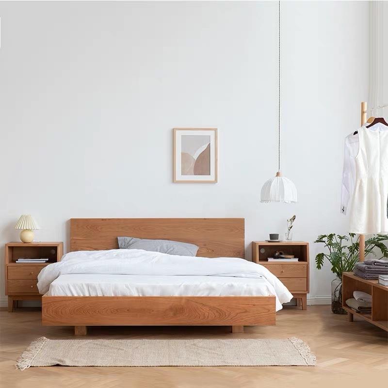 北欧实木樱桃木悬浮床黑胡桃木橡木双人床现代简约原木环保家具