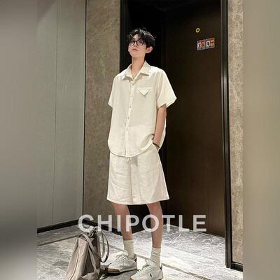 韩国CHIPOTLE莱赛尔天丝短袖衬衫套装男2026夏季薄款时尚痞帅一套