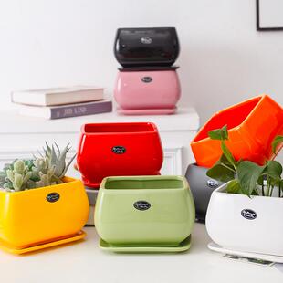 长方形陶瓷花盆带陶瓷托盘大号个性 简约多肉兰花红掌绿萝民宿花盆