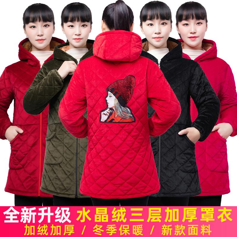 冬季保暖三层加厚罩衣女加绒大人长袖厨房围裙夹棉男士工作服外套