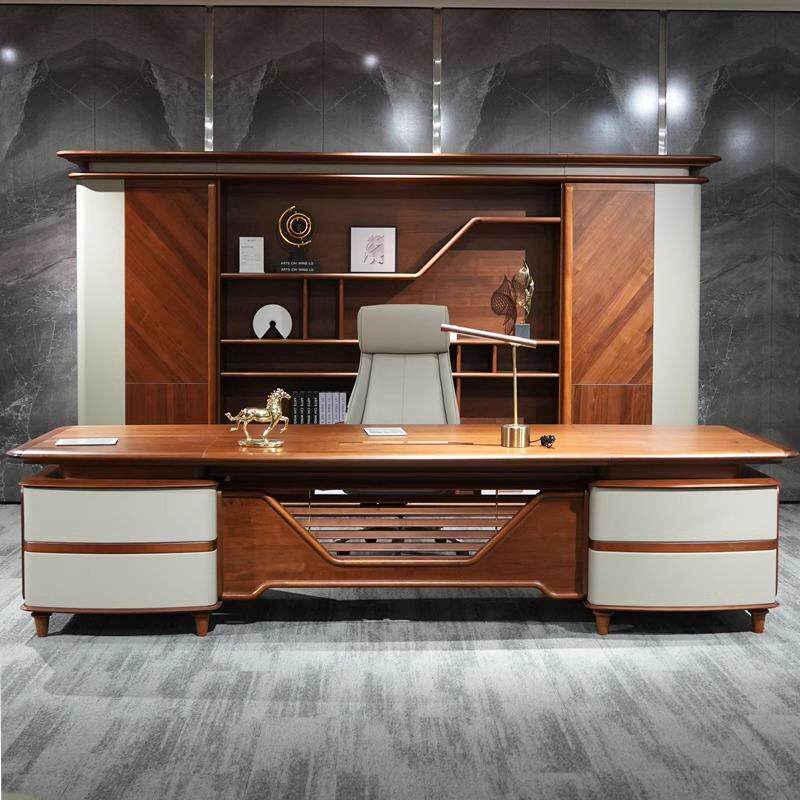 办公家具新中式实木老板桌总裁桌黑胡桃木大班台总裁办公桌椅组合