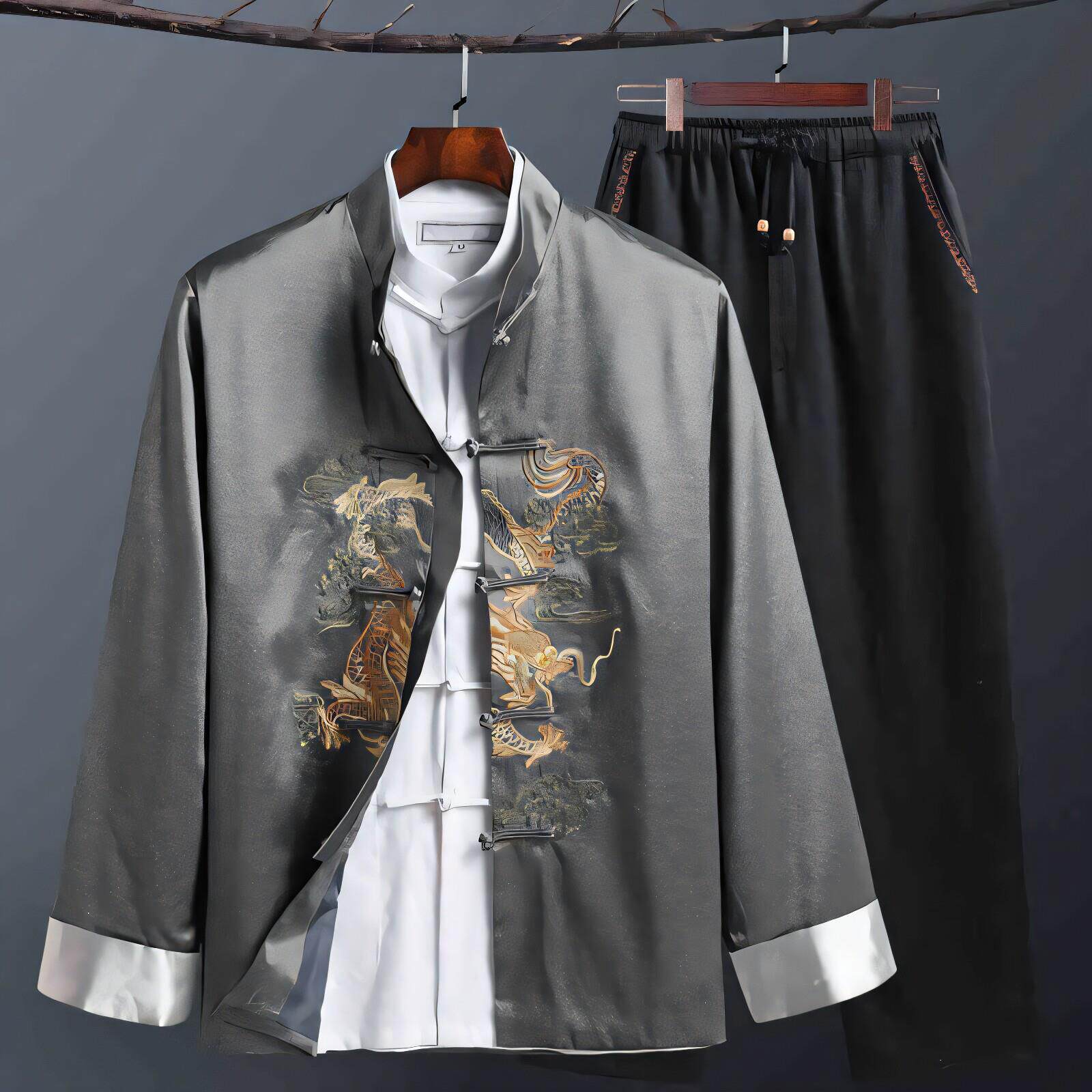 高档中国风唐装男长袖套装秋季中老年爸爸过寿生日衣服爷爷装外套