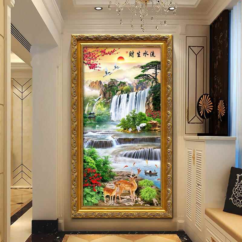 新款直销5d钻石画满钻流水生财贴钻十字绣山水风景画客厅玄关竖版